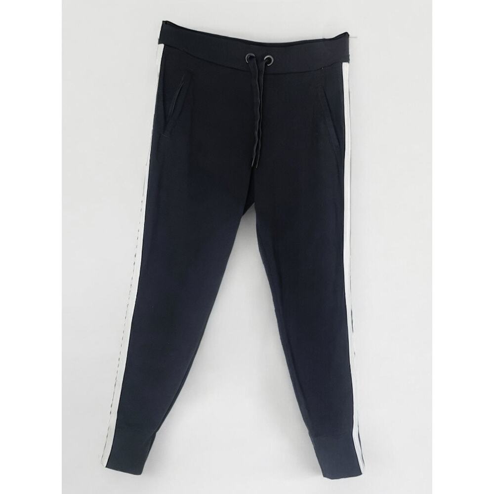 Athleta Track Pants Women S-M Black White Side Stripe Drawstring Tapered Joggers